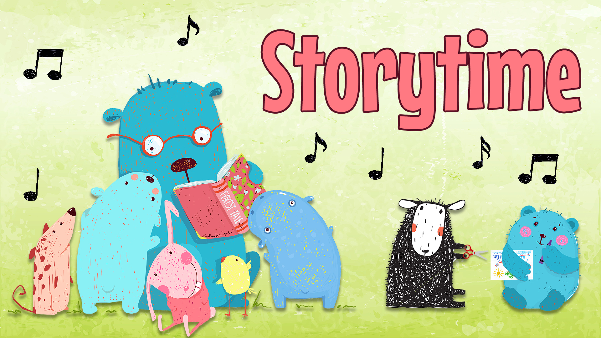 Image reads "Storytime" on a green background. Animals reading take up the bottom half of the picture. There are music notes scattered throughout the image.