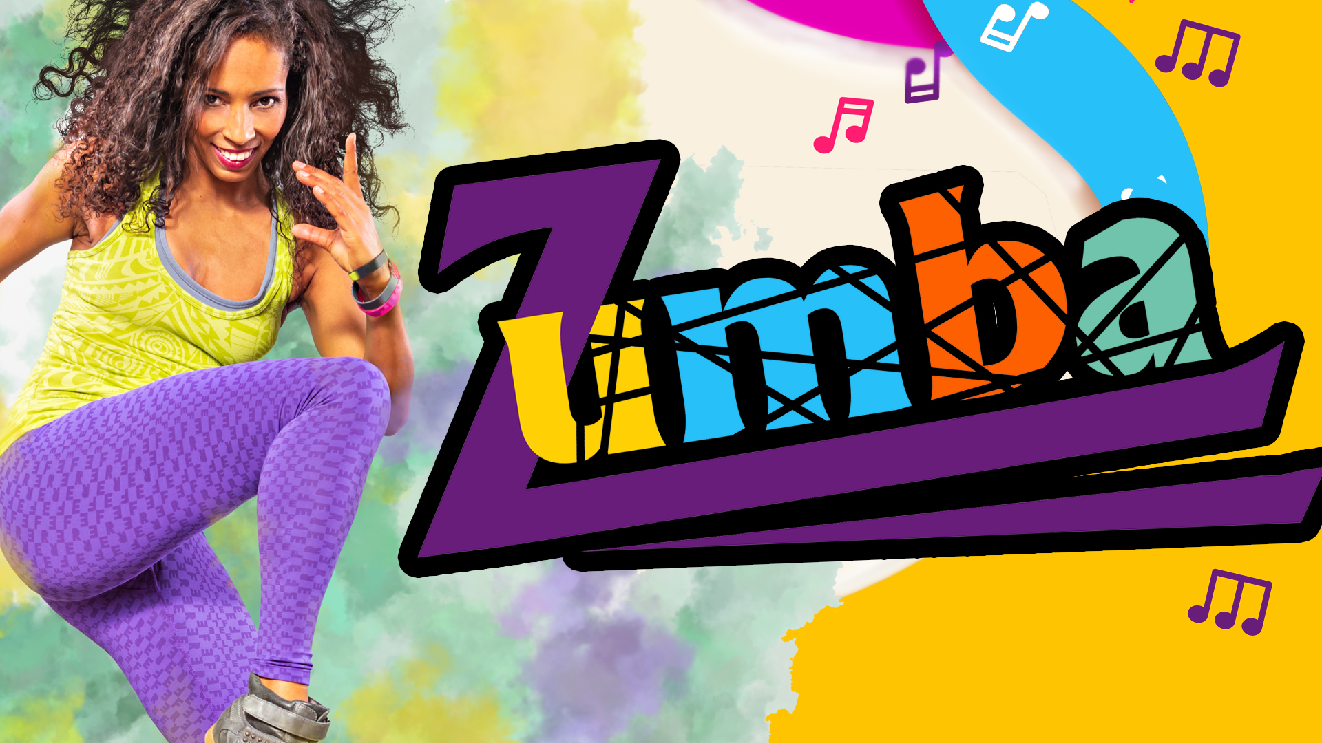 Image reads "Zumba" against a colorful background and a woman dancing is to the left of the title.