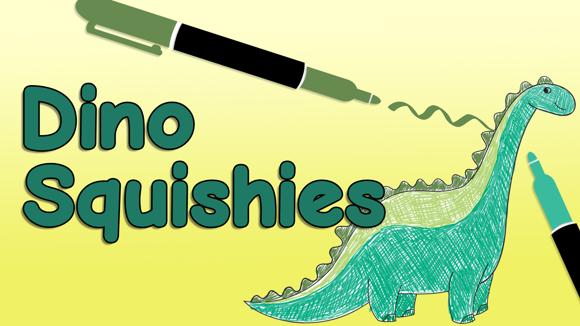 Image reads "Dino Squishies" against a yellow gradient background. A dinosaur being colored with permanent marker is to the right of the title. Two permanent markers are pointed towards the dinosaur. 