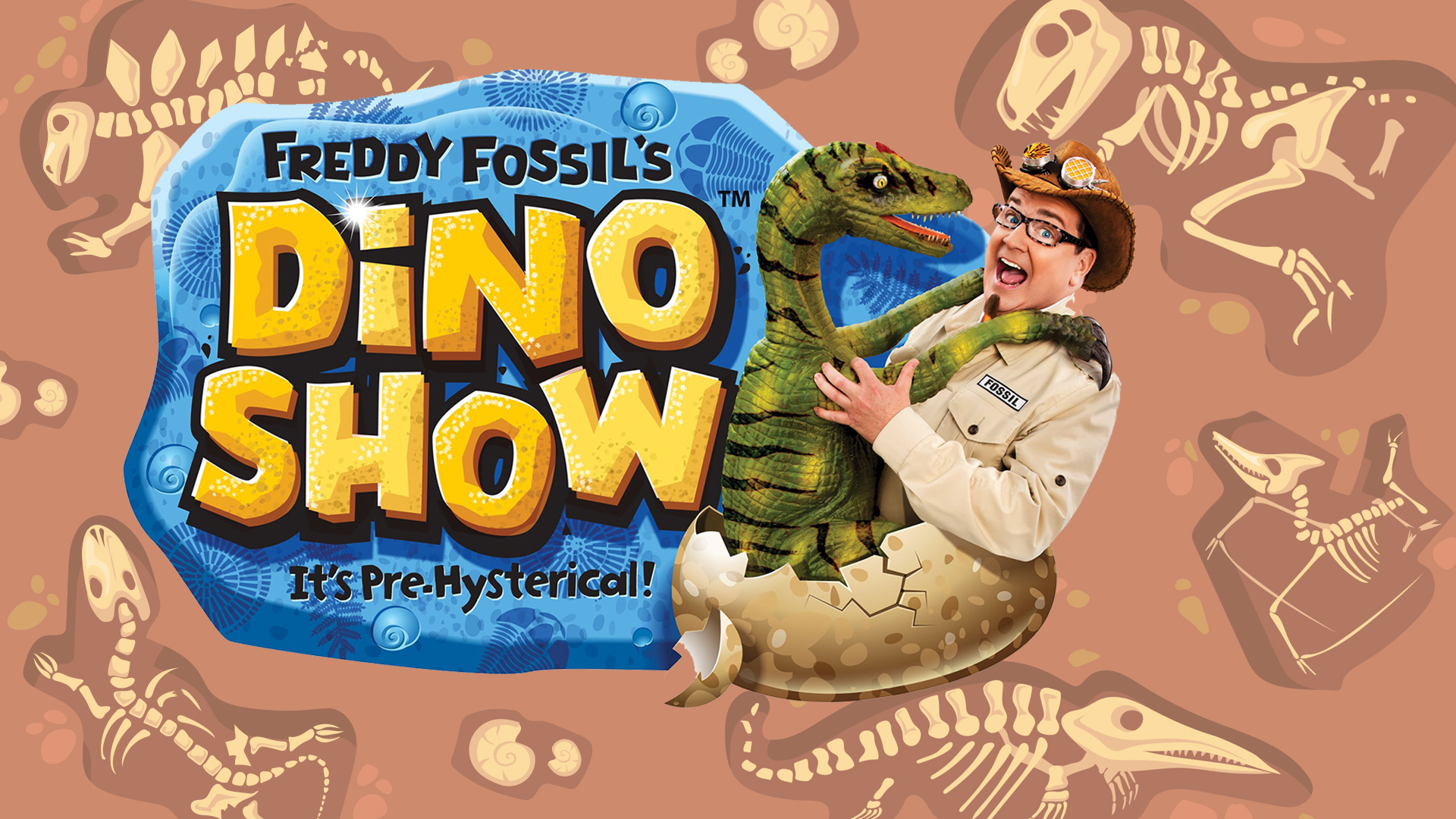 Image shows "Freddy Fossil's Dino Show" logo against a background of dinosaur fossils in dirt.