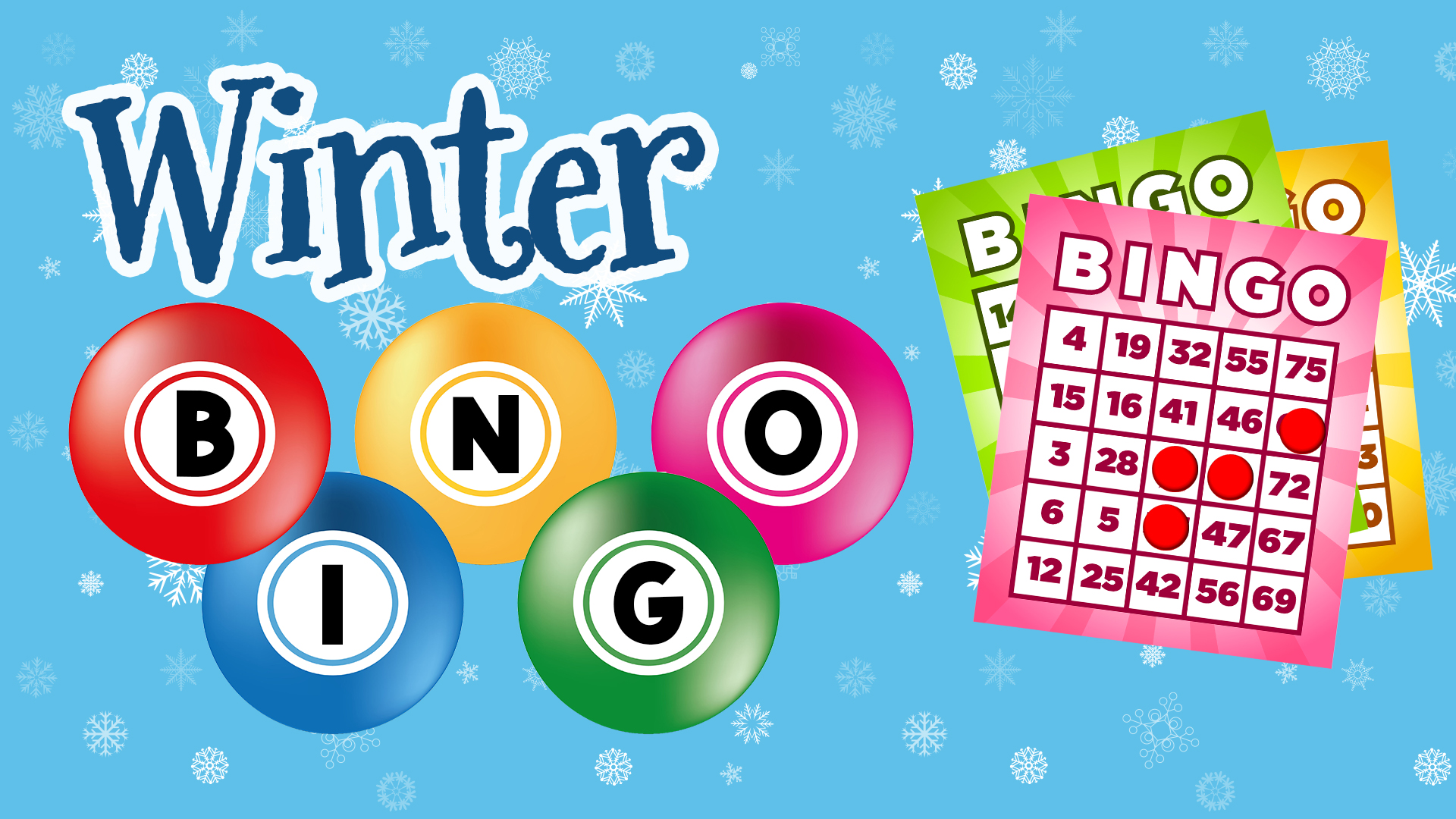 Image reads "Winter Bingo" against a blue snowflake background. Three bingo cards with bingo markers are to the right of the title.