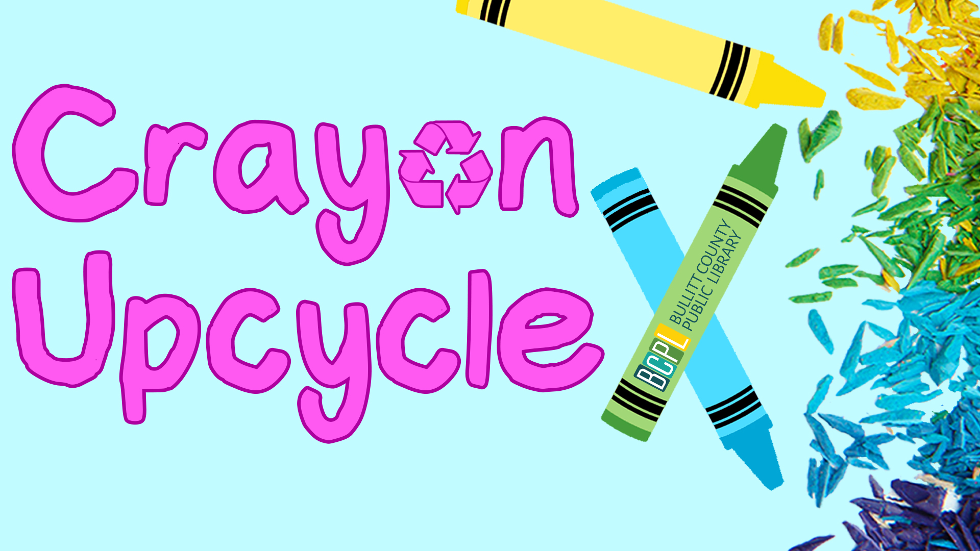 Image reads "Crayon Upcycle" against a light blue background. Three crayons are to the right of the title and crayon shavings are beside the crayons.