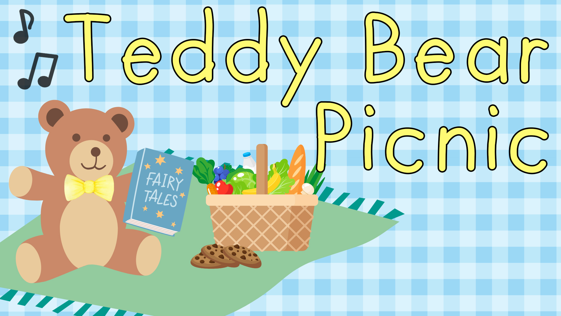 Image reads "Teddy Bear Picnic" against a blue and white gingham background. A teddy bear is sitting on a blanket to the bottom left of the title. The bear is holding a book and a picnic basket is beside the bear. 