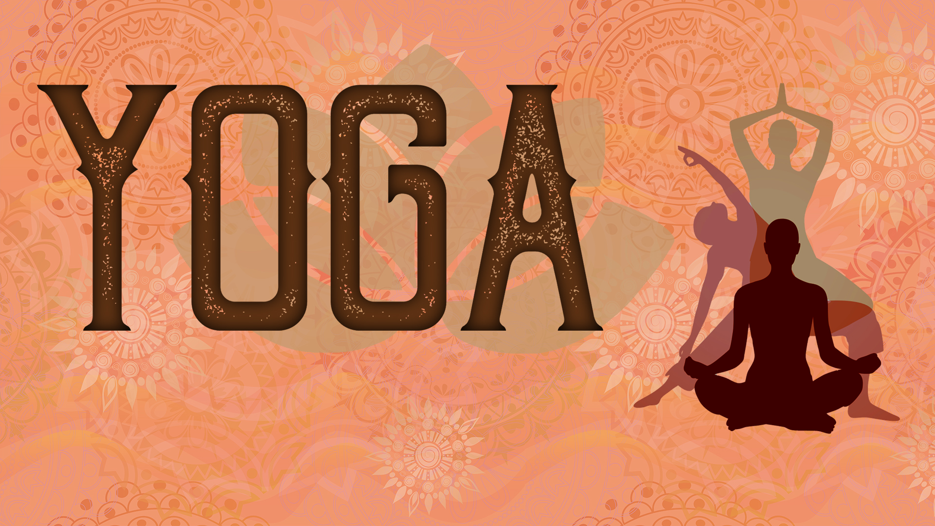 Image text read "YOGA" in brown font over a decorative coral background. To the right, silhouettes of people in different poses are layered on top of each other in shades of brown and mauve.