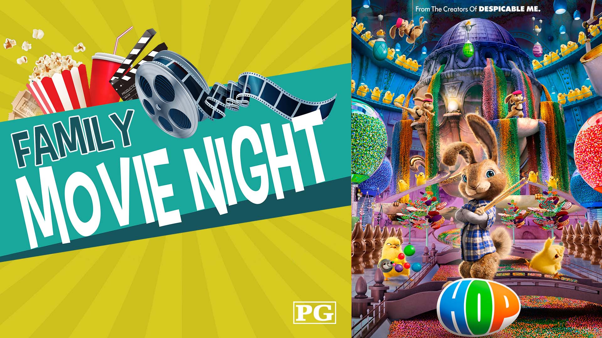 Image reads "Family Movie Night" against a dark yellow sunburst background. A bucket of popcorn, a cup, and a movie reel are above the title. On the right side of the image, text reads "Hop" and an animated bunny stands with crossed arms and drumsticks while more bunnies and chicks perform in the background.