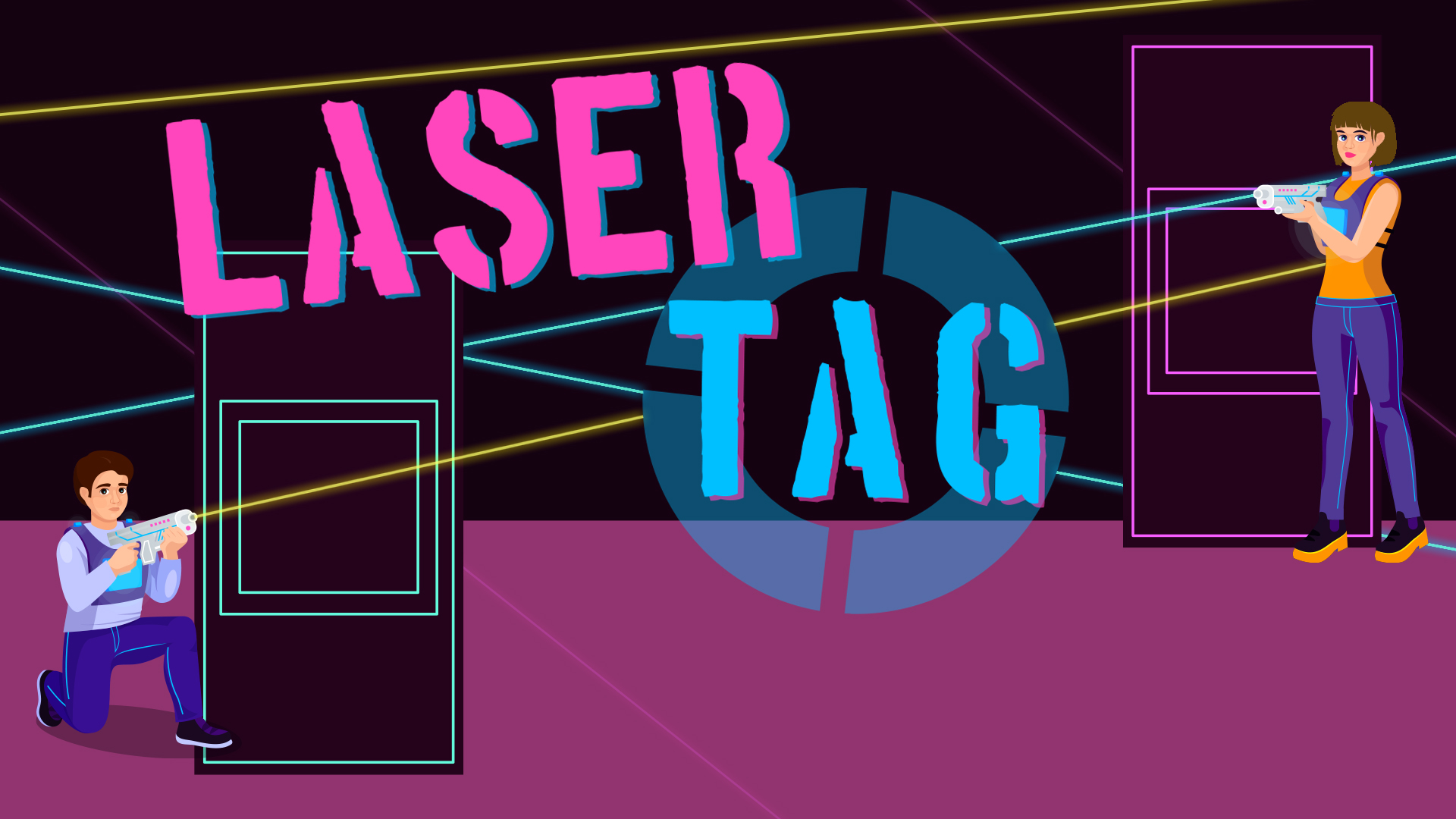 Image reads "Laser Tag" against a Laser Tag playing field background.