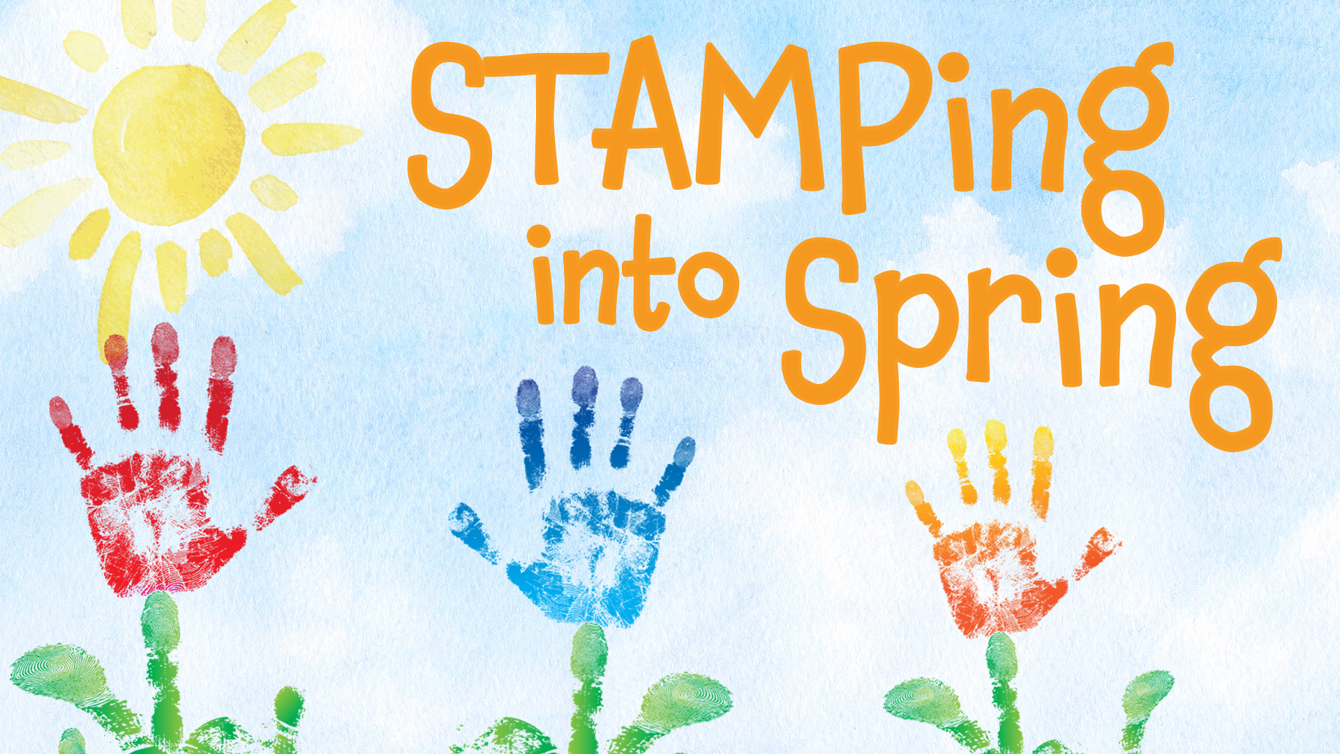 Image reads "Stamping Into Spring" against a blue watercolor background. Handprint flowers are stamped along the bottom of the image.