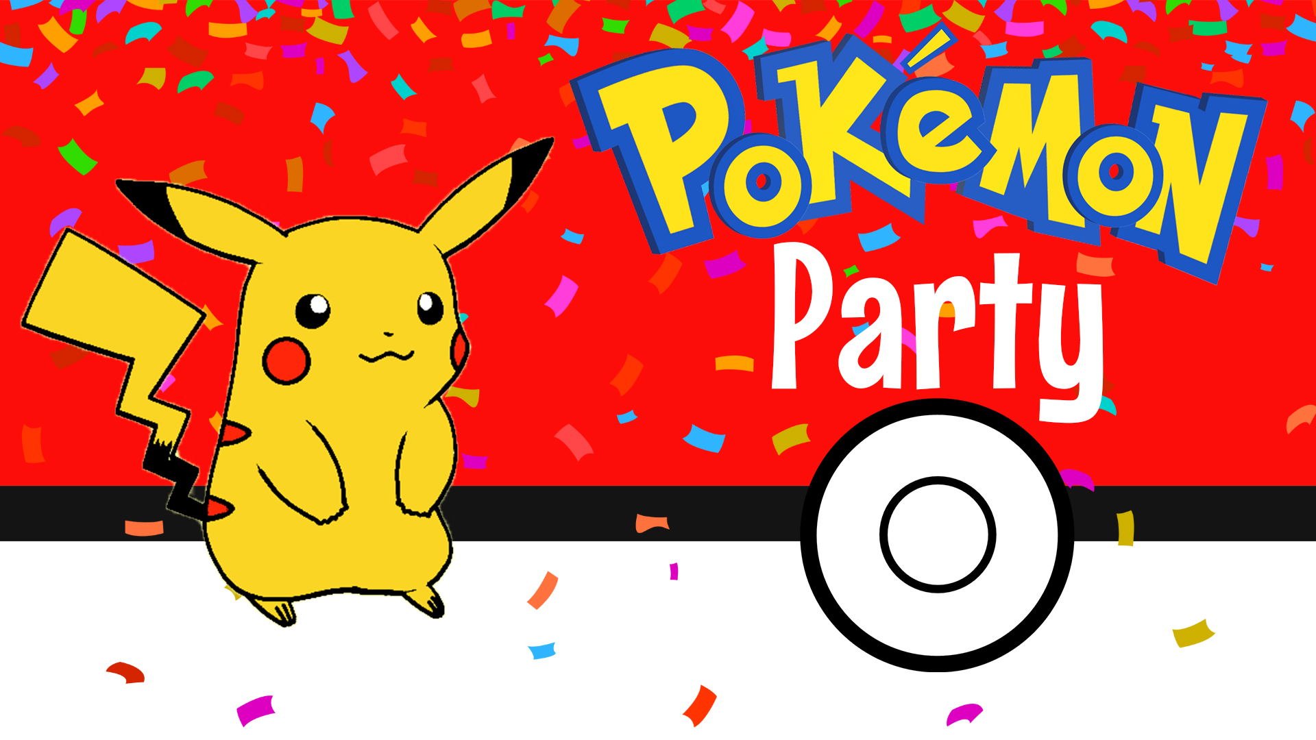 Image reads "Pokémon Party". Pikachu is to the left of the title and confetti is scattered among the image.