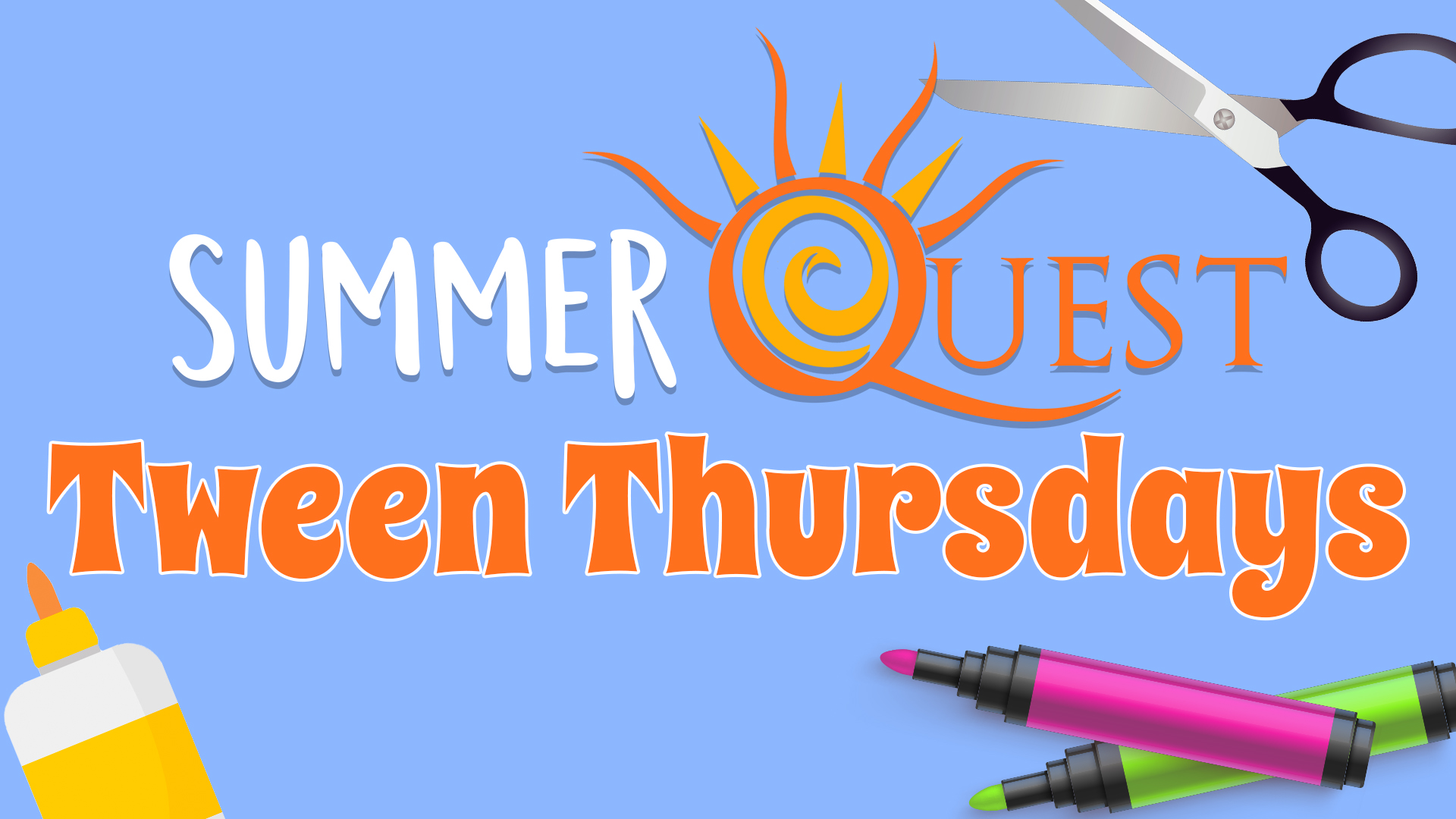 Image reads "SummerQuest Tween Tuesdays" against a blue background. Crafting supplies are scattered among the image.