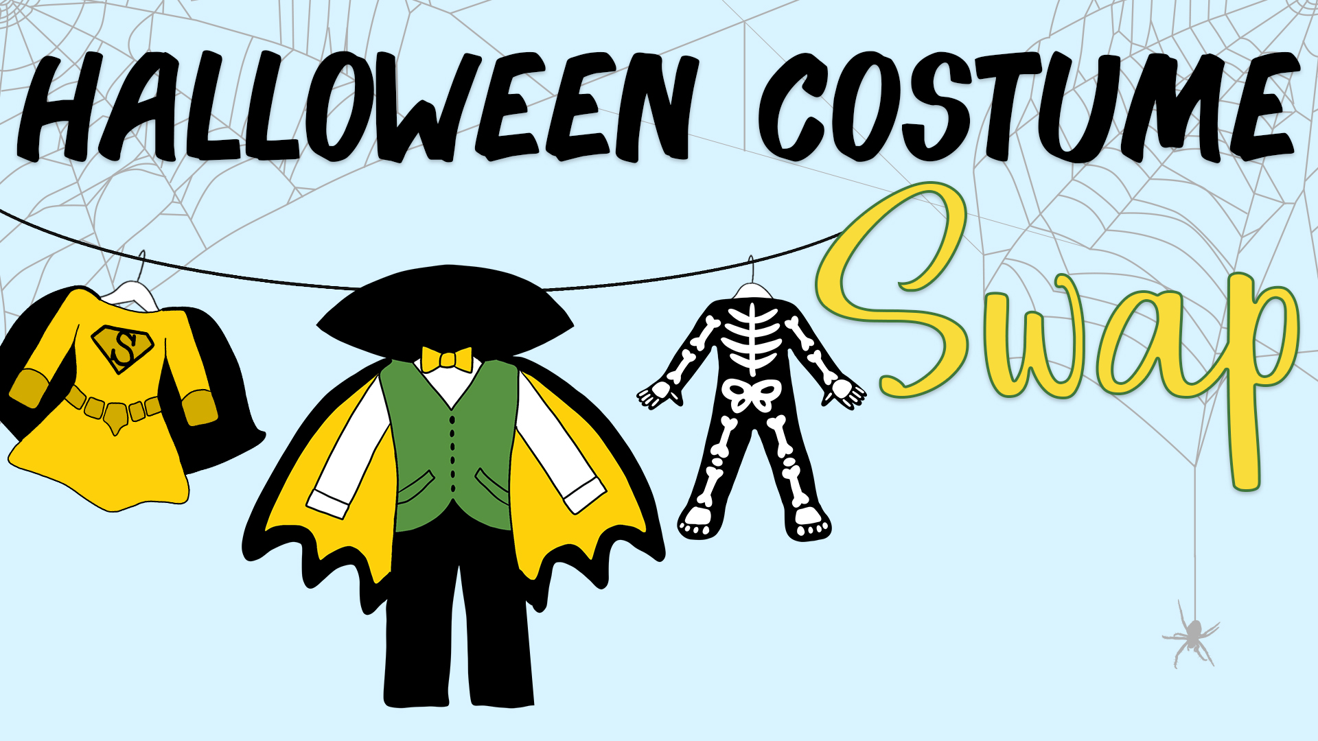 Image reads "Halloween Costume Swap" against a blue background. A clothesline is to the left of the title with a superhero, vampire, and skeleton costume hanging up.