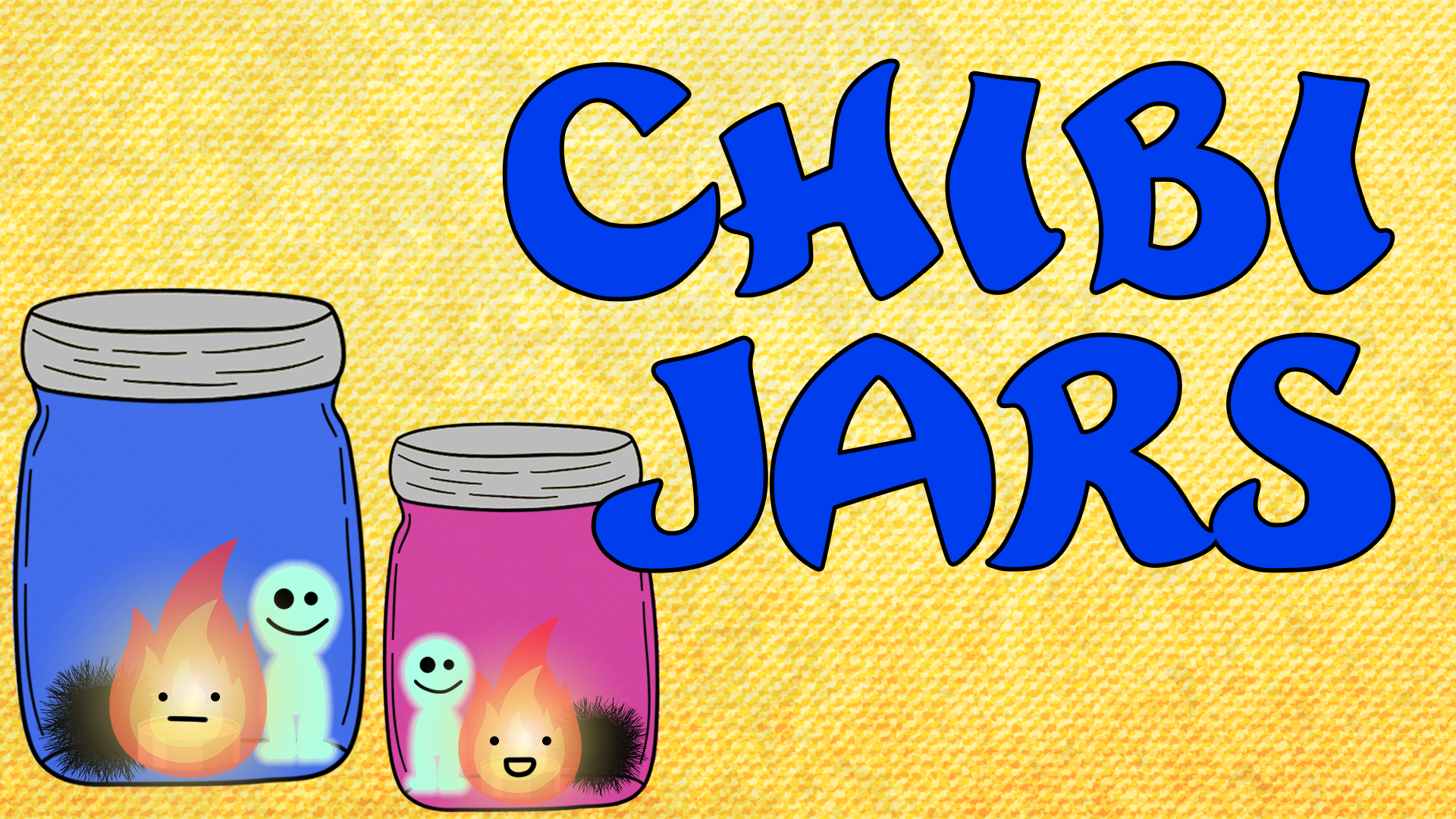 Image reads "Chibi Jars" against a yellow textured background. To the left of the title are two mason jars with a black pom-pom, glow-in-the-dark forest sprite, and a tealight candle inside the jar.