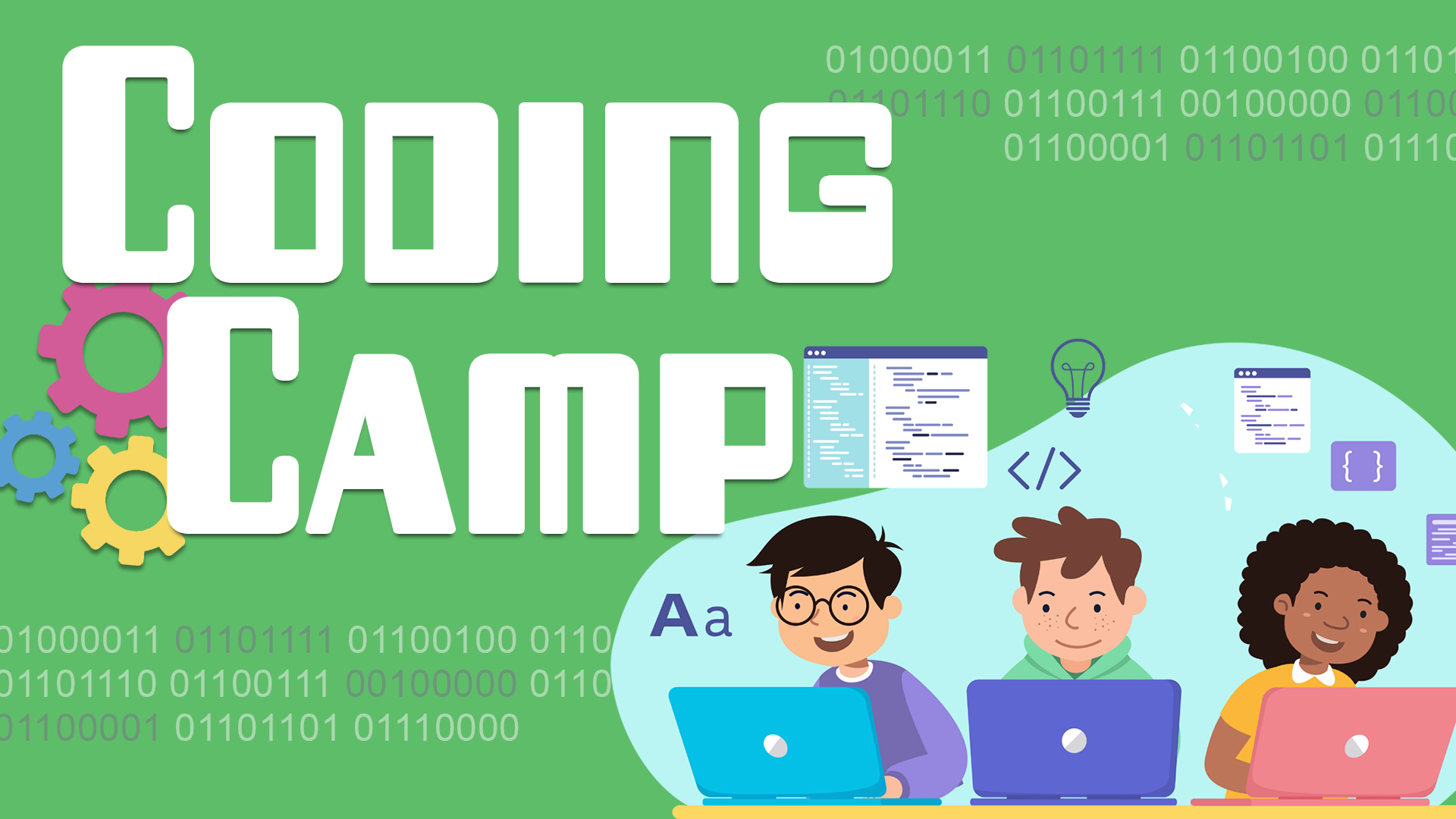 Image reads "Coding Camp" against a green background. To the left of the title are colorful gears. To the bottom right of the title is a graphic of 3 kids on computers with coding elements scattered around them.