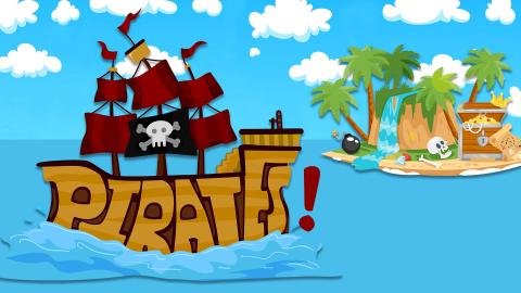 A blue sky and ocean scene includes a deserted iland in the upper-right corner and a pirate ship sailing that way. The bottom of the pirate ship is make up of wood-grain block letters that reads "Pirates"!