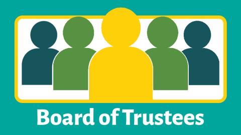 Image reads "Board of Trustees" against a light teal background. Graphic outlines of people are aligned in the middle of the image in yellow, green, and dark teal.
