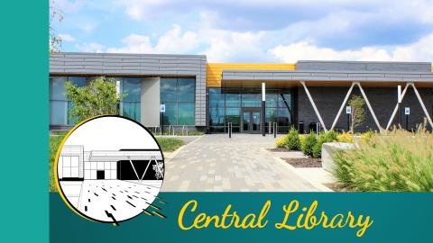Image reads "Central Library" and shows an image of the exterior of Central Library. A drawing of the Central Library is in a circle to the left of the image.