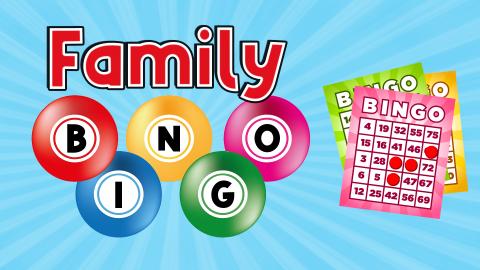 Image reads "Family Bingo" on a blue sunburst background. Three colorful bingo cards are to the right of the title.