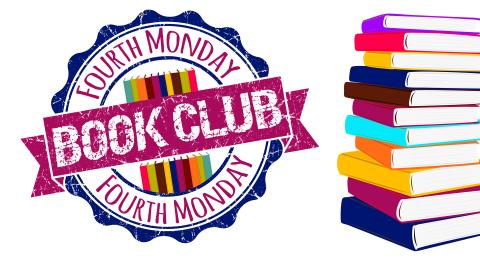 Image reads "Fourth Monday Book Club" on a blue background with a pink box running along the bottom of the image.