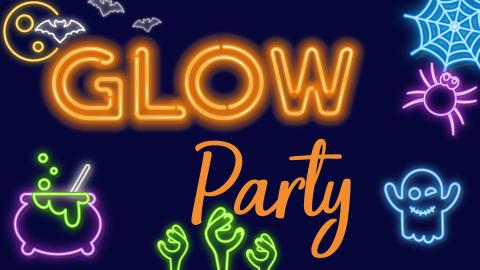 Image reads "Glow Party" in a neon orange font against a dark blue background. Neon Halloween icons are scattered among the image.