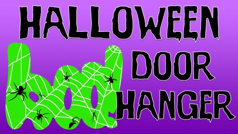 Image reads "Halloween Door Hanger" in black against a purple gradient background. A boo door hanger is to the left of the image and is painted green with white spider webs and black spiders on it.