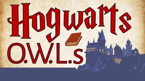 Image reads "Hogwarts O.W.L.s" against an old paper background. There is a blue banner along the bottom and a silhouette of Hogwarts is on the bottom right. 
