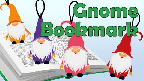 Image reads "Gnome Bookmark" against a blue gradient background. To the left of the title is an open book with gnome bookmarks scattered among the image. 