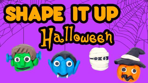 Image reads "Shape It Up Halloween" against a purple background with black spider webs. Play doh figures of frankenstein, dracula, a mummy, and a pumpkin wearing a witch hat are under the title. 