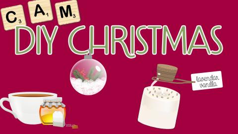 Image reads "DIY Christmas" against a cranberry-colored background. Letter magnets, a teacup with a honey sample, an ornament, and a candle are scattered among the image.
