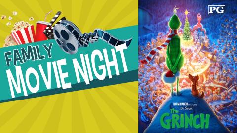 Image reads "Family Movie Night" against a dark yellow sunburst background. A bucket of popcorn, a cup, and a movie reel are above the title. On the right side, it shows a tall green creature and a dog standing on a precipice that overlooks a cozy small town lit up for the holidays,