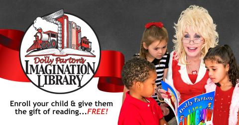 Image shows the Dolly Parton's Imagination Library, depicting a red train and an open book. Beneath the logo, text reads "Enroll your child to give them the gift of reading... FREE!" On the right of the image, Dolly Parton is showed reading a picture book and surrounded by three young children.