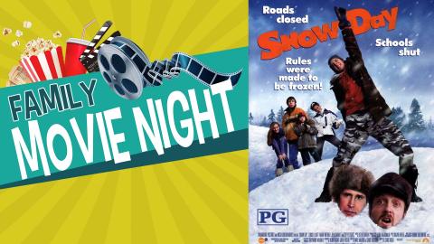 Image shows the words "Family Mvie Night" and images of a film reel and popcorn overlaid on top of a vivid green starburst background. On the right, a young teenage or preteen boy is celebrating with two male adults buried in snow up to their chins. Several other youth in winter clothing are further back.