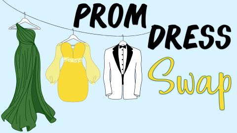 Image reads "Prom Dress Swap" against a blue background. 2 formal dresses and a suit jacket are hanging on a clothing line.