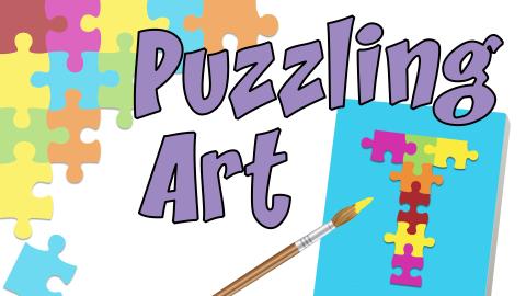 Image reads "Puzzling Art" against a white background. Puzzles pieces are in the top left corner. A blue canvas with puzzle pieces in the shape of a "T" are in the bottom right corner.