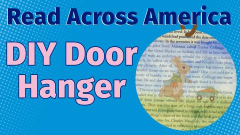Image reads "Read Across America DIY Door Hanger" against a light blue background. A circle door hanger covered in a book page and a watercolor book scene is to the right of the title.