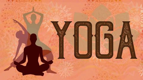 Image text read "YOGA" in brown font over a decorative coral background. To the left, silhouettes of people in different poses are layered on top of each other in shades of brown and mauve.