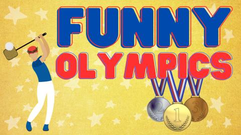 Image reads "Funny Olympics" against a golden background. A man using a fly swatter to golf is to the left of the title. Three medals hang off the word "Olympics". 