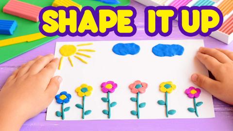 Image shows a child's small hands over a mat with a row of flowers, clouds, and the sun all formed out of playdough. Bright yellow bubble letters with a violet outline read "Shape It Up."