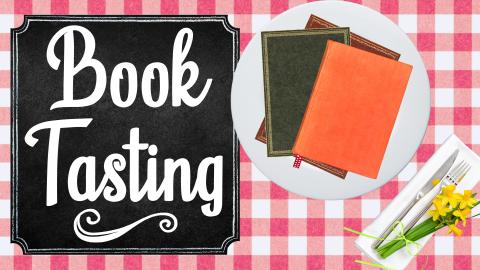 Image reads "Book Tasting" against a chalkboard background. A red gingham tablecloth background is behind the title. A plate with books and a napkin with silverware are to the right of the title.