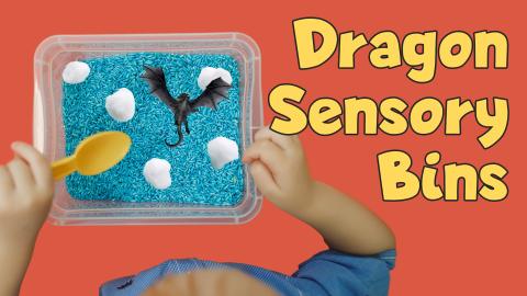 Image reads "Dragon Sensory Bins" against a red background. A child is holding a spoon and playing in a tub of blue rice with cotton balls and a plastic dragon.