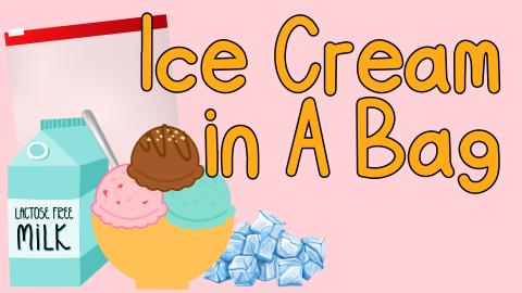 Image reads "Ice Cream in A Bag" against a pink background. A bowl of ice cream, ice cubes, a carton of milk, and a ziplock bag are to the left of the title.