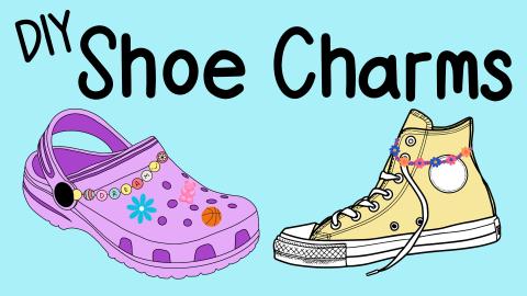 Image reads "DIY Shoe Charms" against a blue background. A purple Croc with charms and a yellow high top shoe with a bead chain are under the titles. 