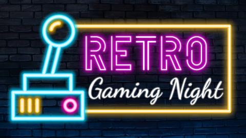 Image reads "Retro Gaming Night" in neon letters against a dark brick background. A neon game controller is to the left of the title. 