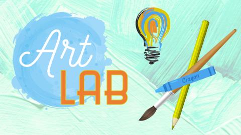 Image reads "Art Lab" against a textured background. To the right of the title is a painted lightbulb and a paintbrush, colored pencil, and a crayon.