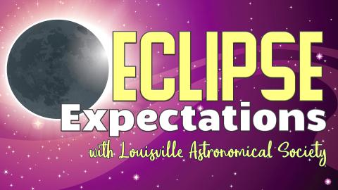 Image shows a sky in graduated shades of purple and plum with stars in the background and a dark moon in front of the sun, whose bright white light forms a ring around the moon's edges. Yellow and white text read "Eclipse Expectations with Louisville Astronomical Society"