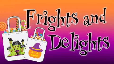 Image reads "Frights and Delights" against a gradient background. Two tote bags with Halloween designs are to the left of the title and candy is inside each bag.