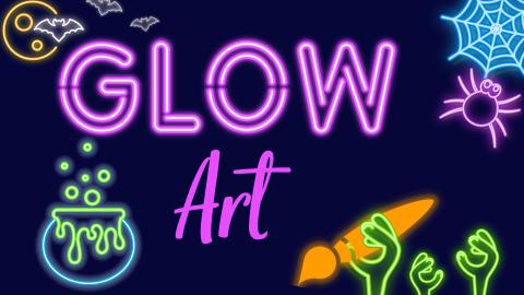 Image reads "Glow Art" in a neon purple font against a dark blue background. Neon Halloween icons are scattered among the image including a zombie hand holding a paint brush.