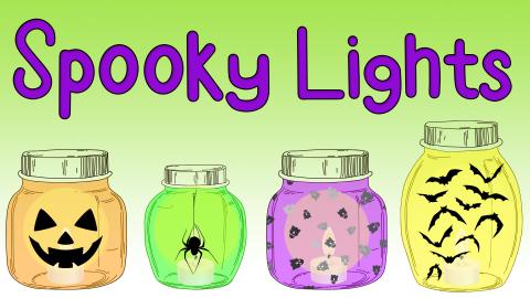 Image reads "Spooky Lights" against a green gradient background. Four jars with halloween images painted on them line the bottom of the image. There is a lit candle inside each jar.