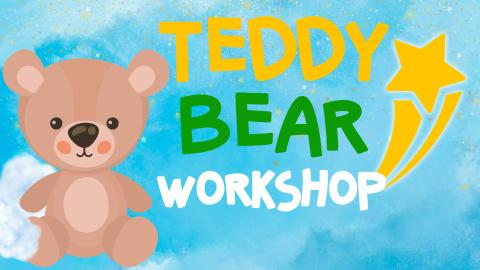 Image reads "Teddy Bear Workshop" against a blue watercolor sky background. A teddy bear with stuffing behind it is to the left of the title. A wishing star is to the right of the title. 