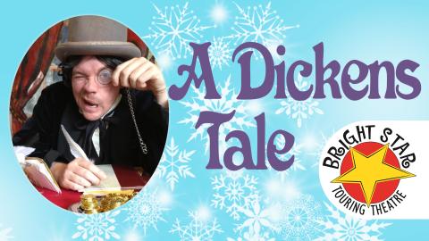 Image reads "A Dickens Tale" against a snowy background. A picture of Scrooge is to the left of the title.