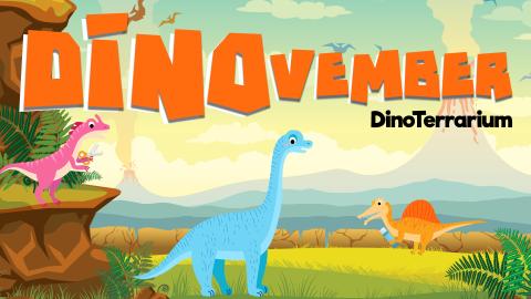 Image reads "DINOvember: DinoTerrarium" against a prehistoric dinosaur scene. A dinosaur holding scissors is under the title to the left and an orange dinosaur holding a glue stick is under the title to the right.