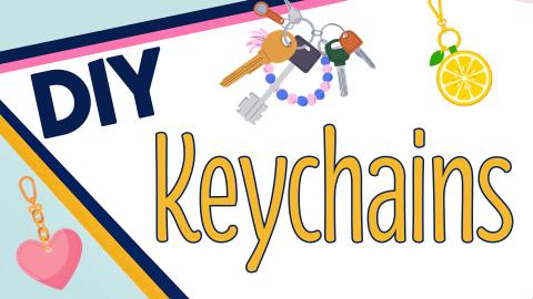 Image reads "DIY Keychains" against a geometric background. Keychains are scattered among the image.